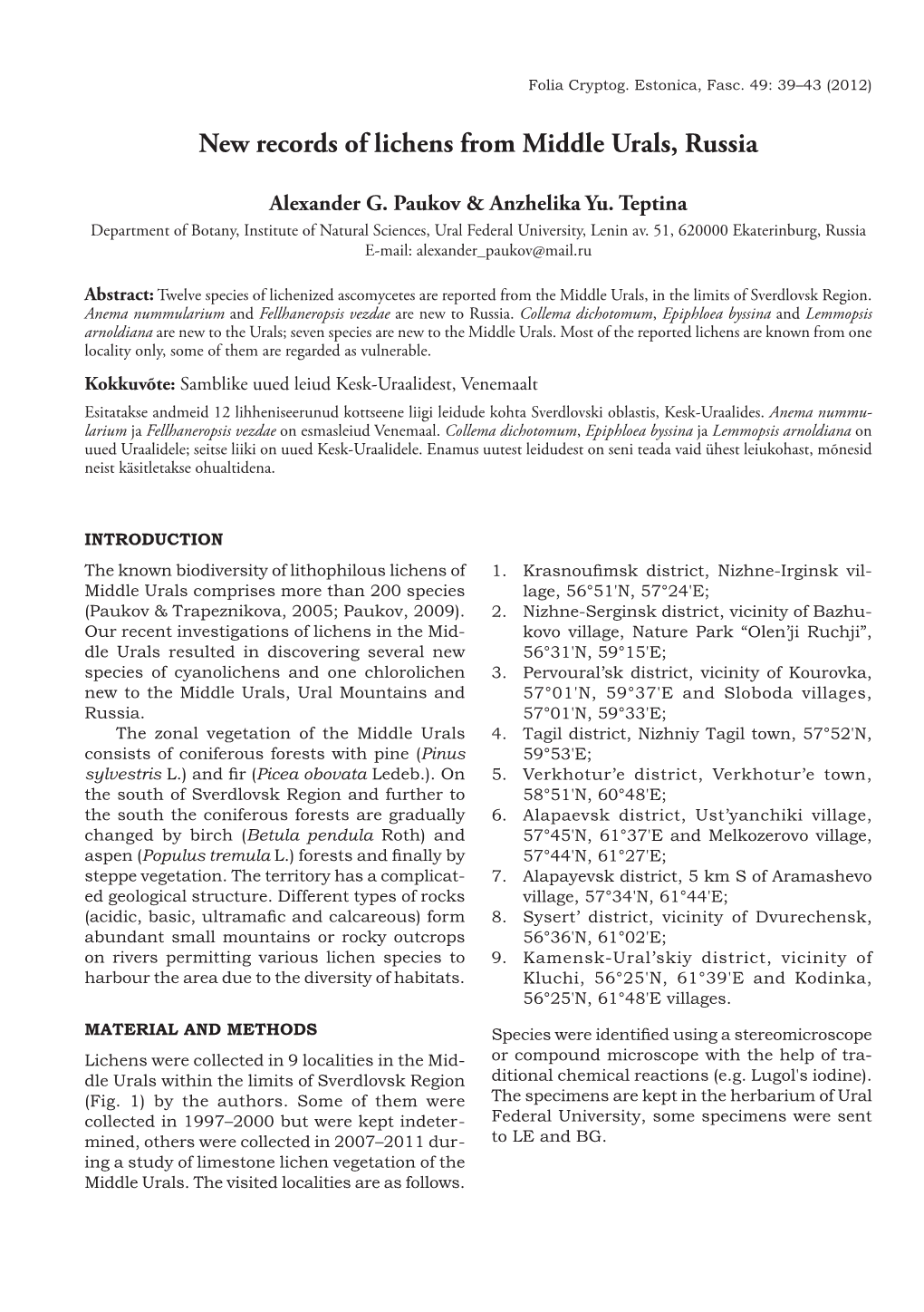 New Records of Lichens from Middle Urals, Russia