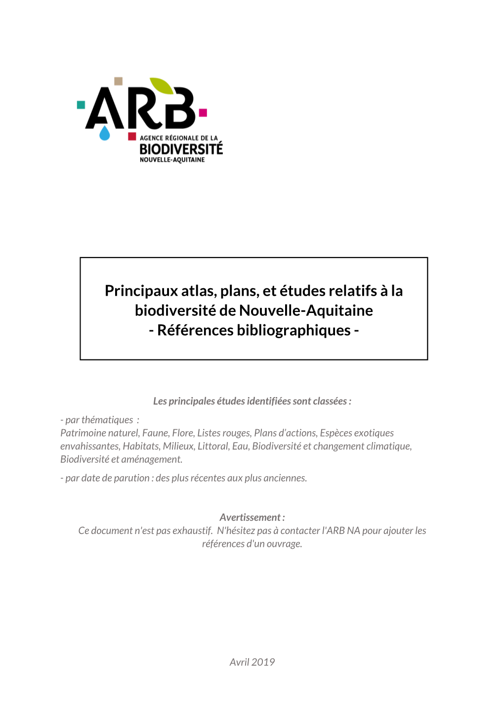 Principaux Atlas, Plans, Et Études Relatifs À La Biodiversité De Nouvelle-Aquitaine