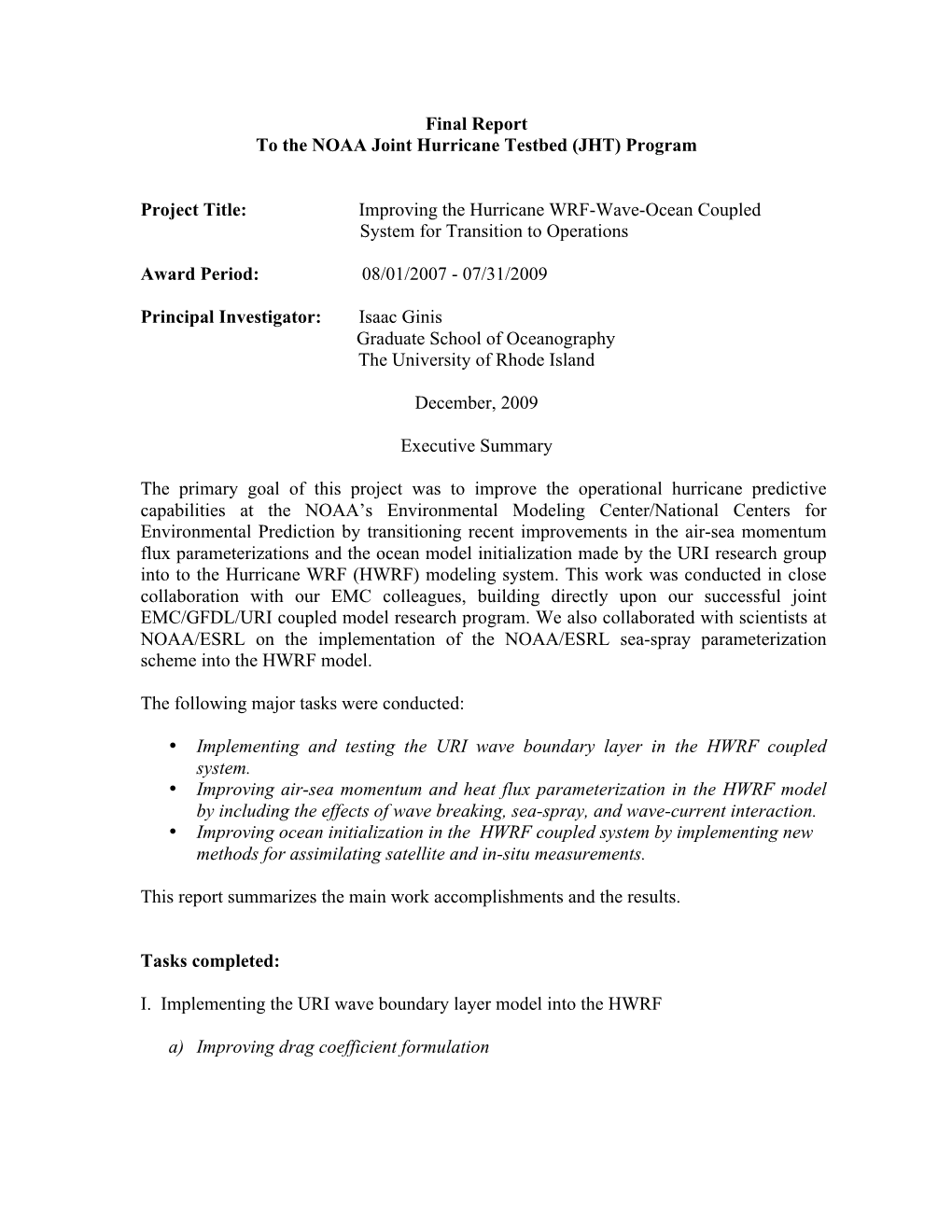 Final Report to the NOAA Joint Hurricane Testbed (JHT) Program