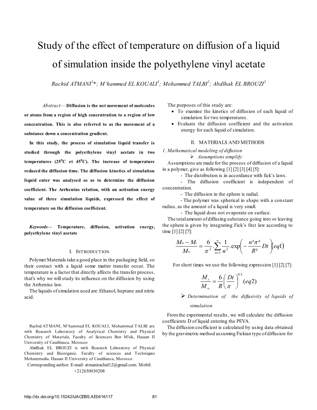 Study of the Effect of Temperature on Diffusion of a Liquid of Simulation Inside the Polyethylene Vinyl Acetate