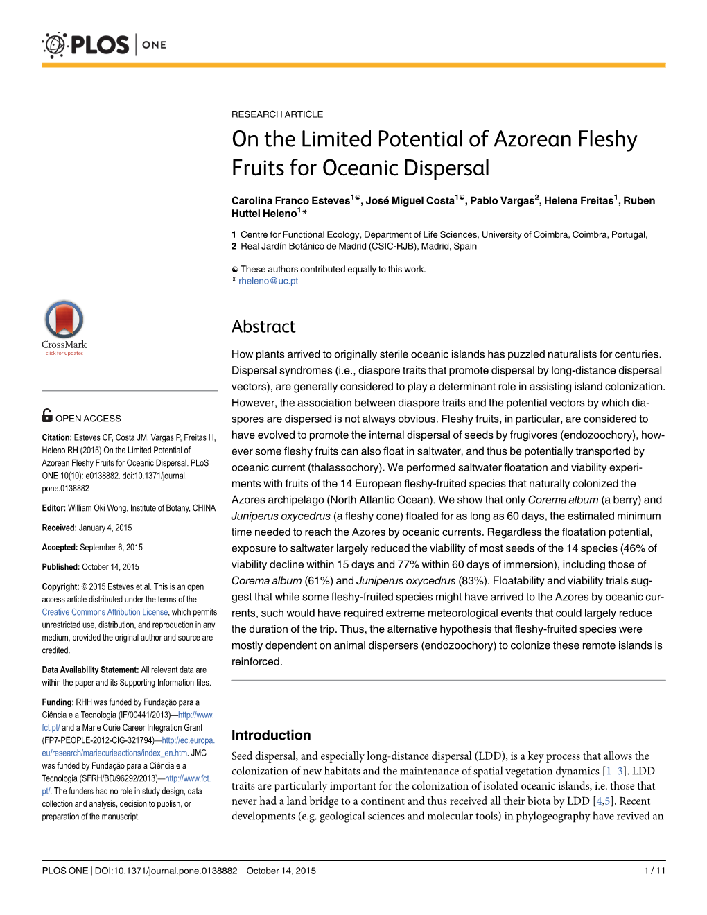 On the Limited Potential of Azorean Fleshy Fruits for Oceanic Dispersal