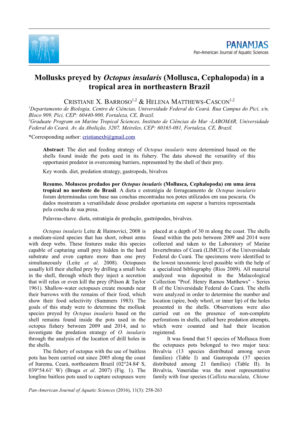 Mollusks Preyed by Octopus Insularis (Mollusca, Cephalopoda) in a Tropical Area in Northeastern Brazil