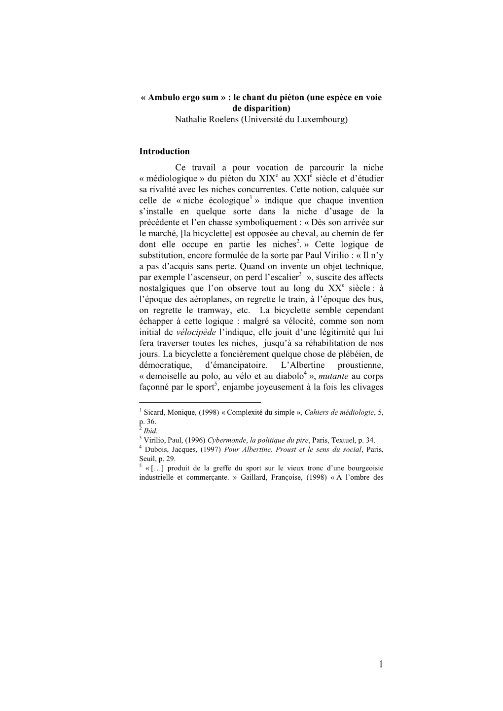 « Ambulo Ergo Sum » : Le Chant Du Piéton (Une Espèce En Voie De Disparition) Nathalie Roelens (Université Du Luxembourg) In