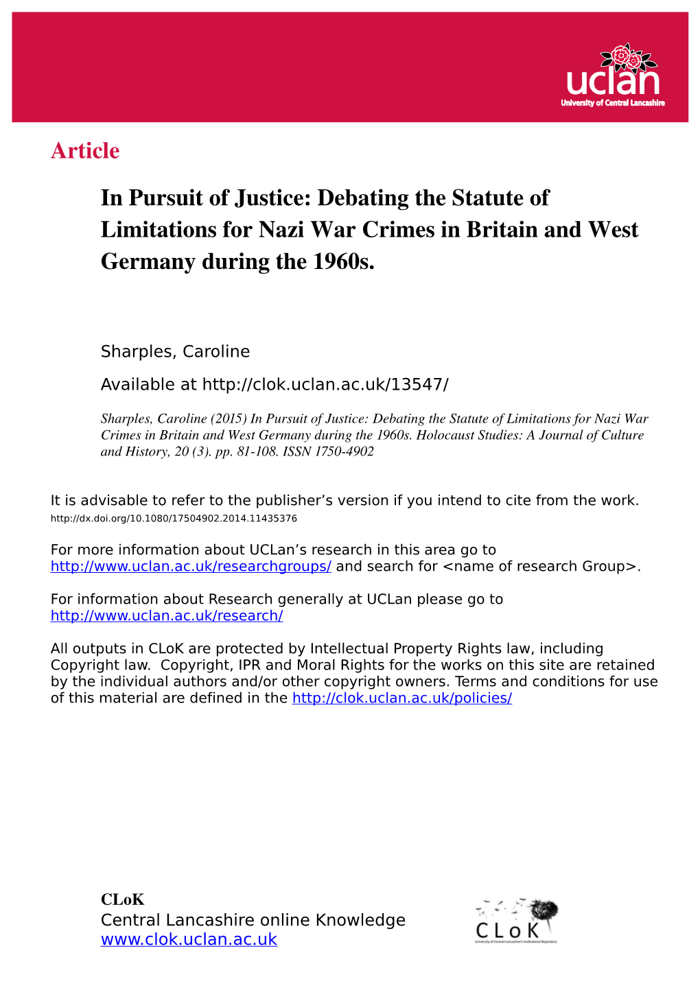 Debating the Statute of Limitations for Nazi War Crimes in Britain and West Germany During the 1960S