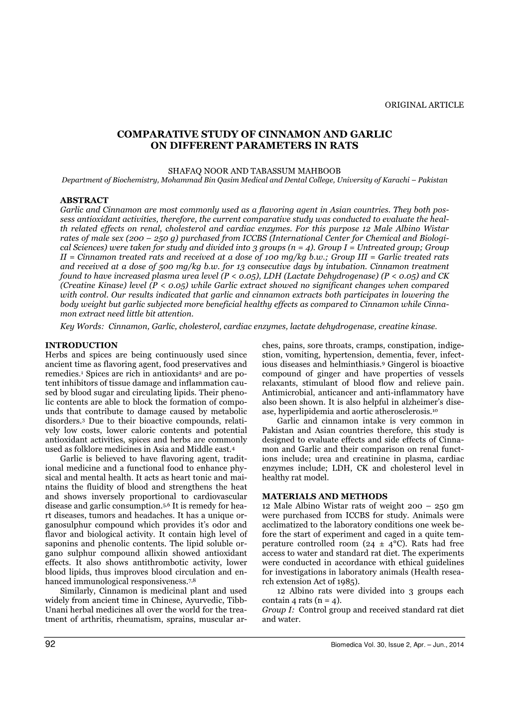 Comparative Study of Cinnamon and Garlic on Different Parameters in Rats