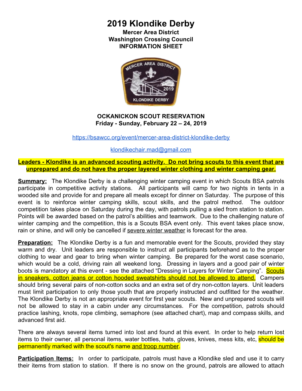 2019 Klondike Derby Mercer Area District Washington Crossing Council INFORMATION SHEET