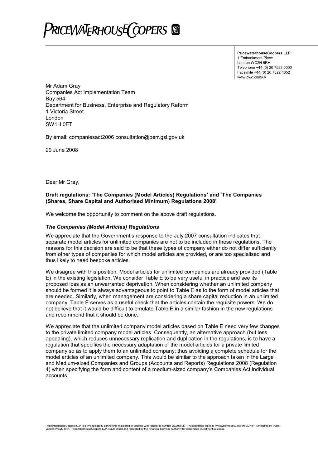 Mr Adam Gray Companies Act Implementation Team Bay 564 Department for Business, Enterprise and Regulatory Reform 1 Victoria Street London SW1H 0ET