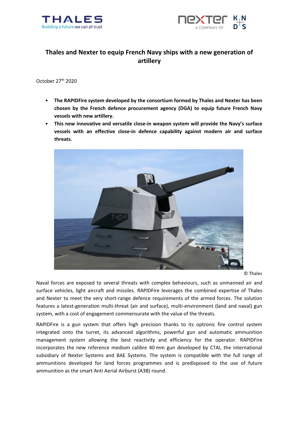 Thales and Nexter to Equip French Navy Ships with a New Generation of Artillery