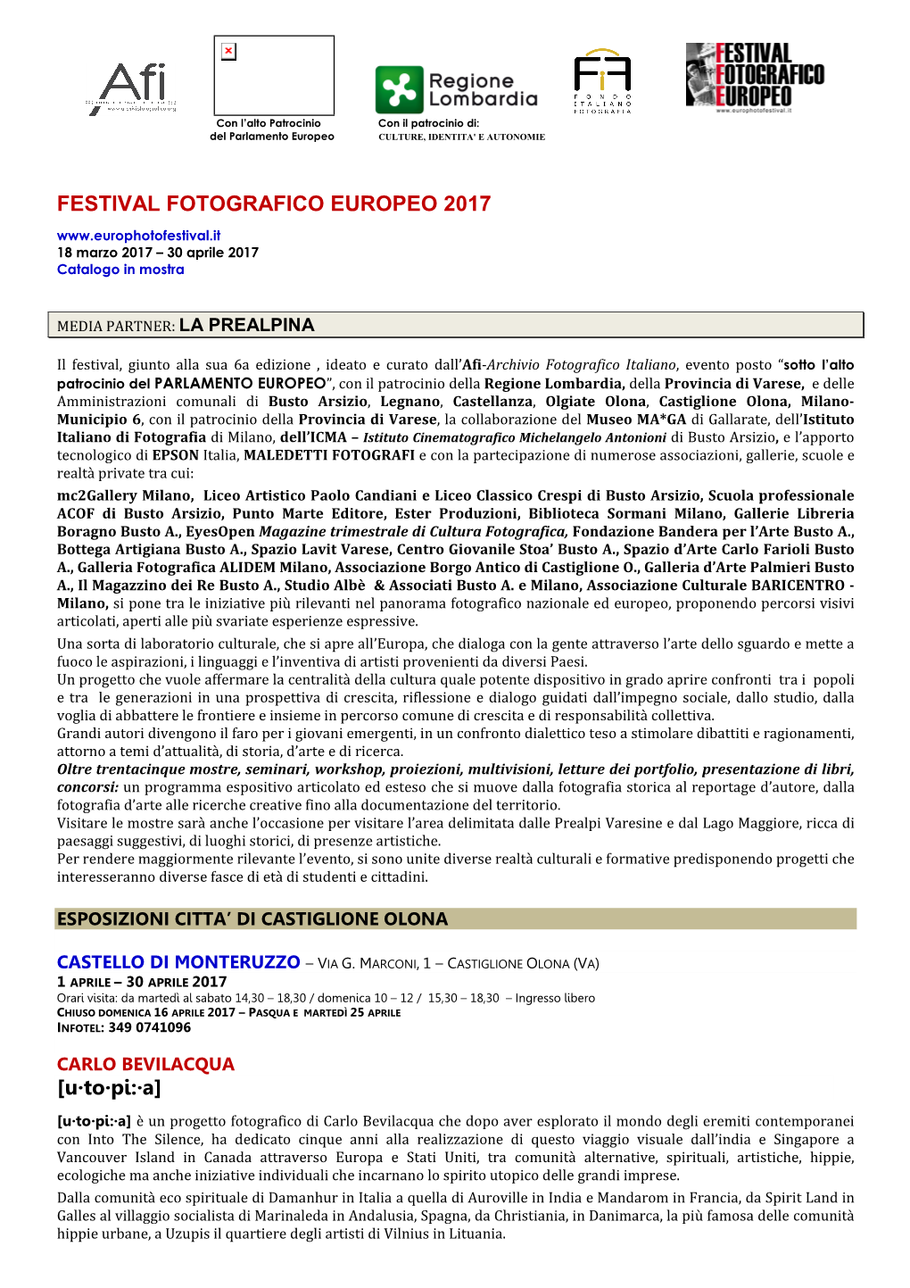 Comunicato Stampa Castiglione Olona 2017