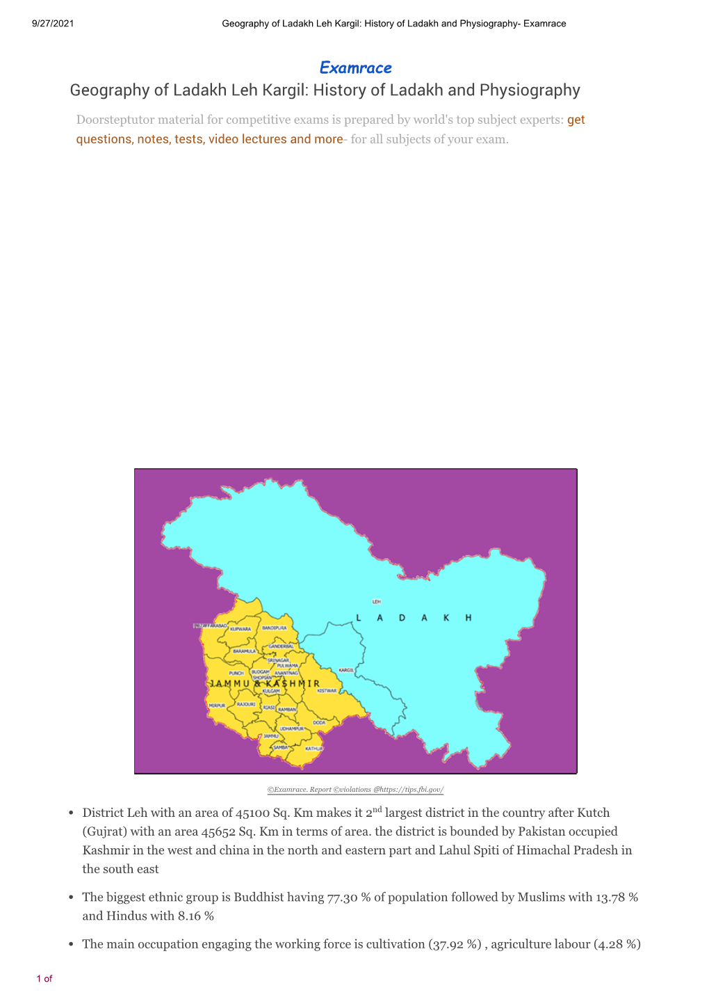 Geography of Ladakh Leh Kargil: History of Ladakh and Physiography- Examrace