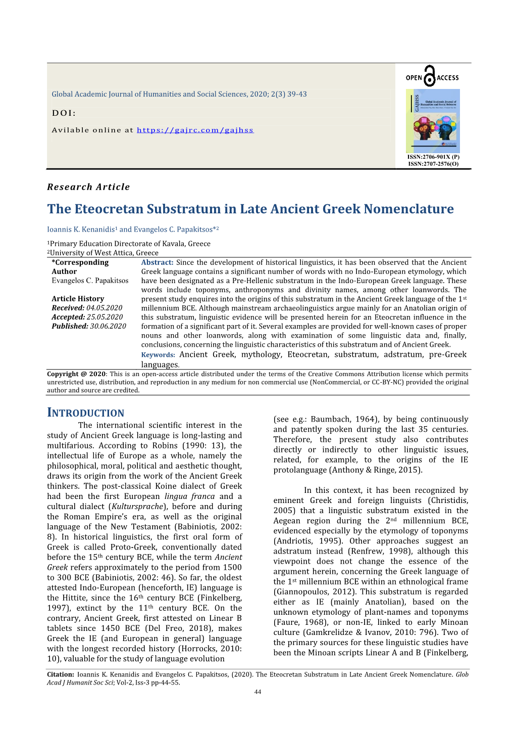 The Eteocretan Substratum in Late Ancient Greek Nomenclature