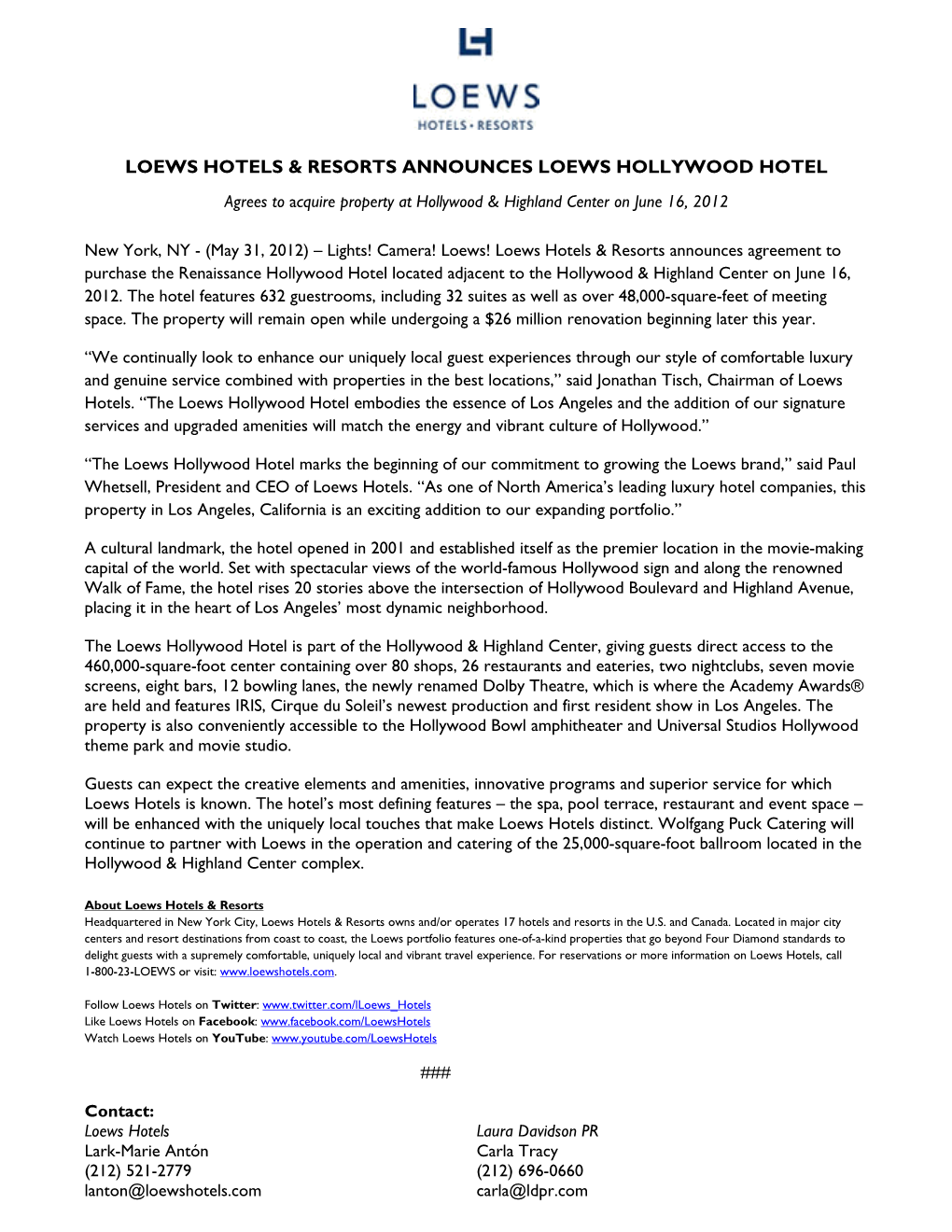 Loews Hollywood Hotel Press Release