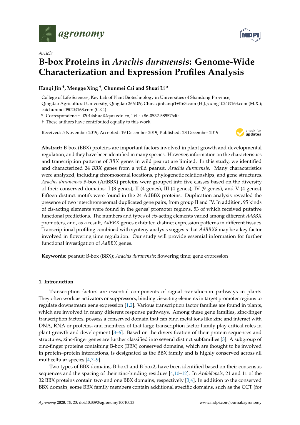 B-Box Proteins in Arachis Duranensis: Genome-Wide Characterization and Expression Proﬁles Analysis