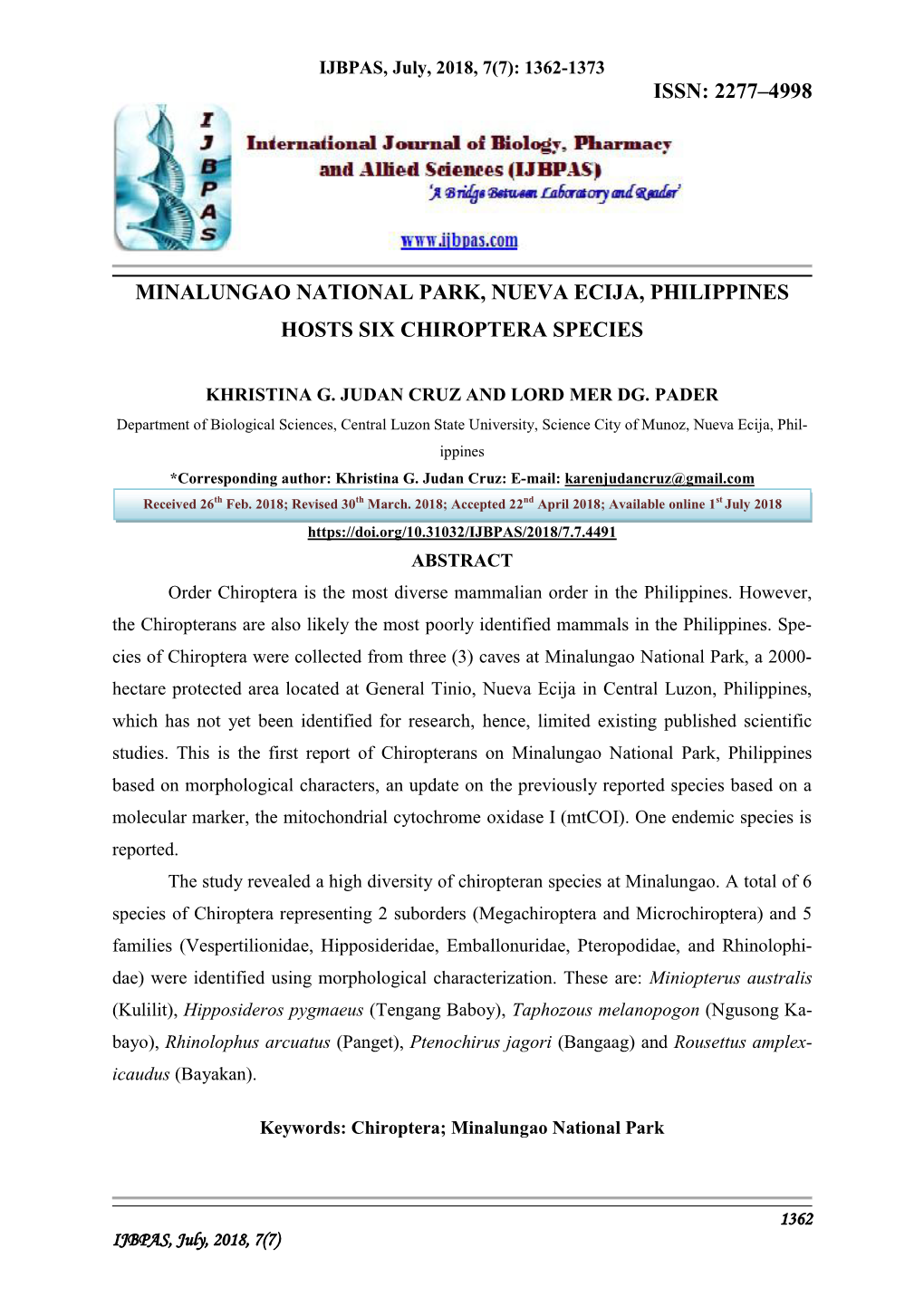 Minalungao National Park, Nueva Ecija, Philippines Hosts Six Chiroptera Species