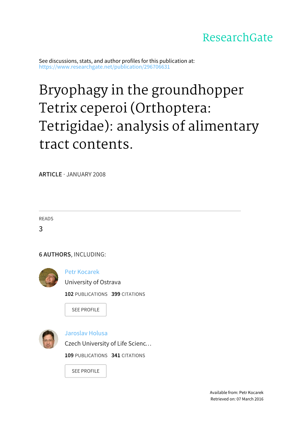 Bryophagy in the Groundhopper Tetrix Ceperoi (Orthoptera: Tetrigidae): Analysis of Alimentary Tract Contents