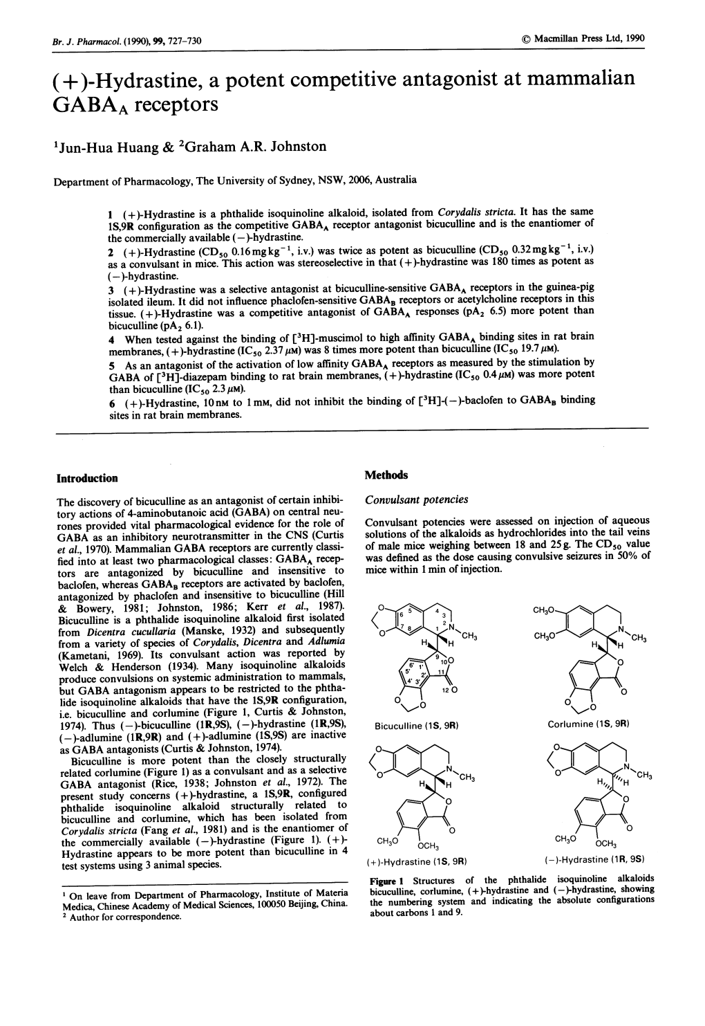 (+)-Hydrastine, a Potent Competitive Antagonist at Mammalian GABAA Receptors