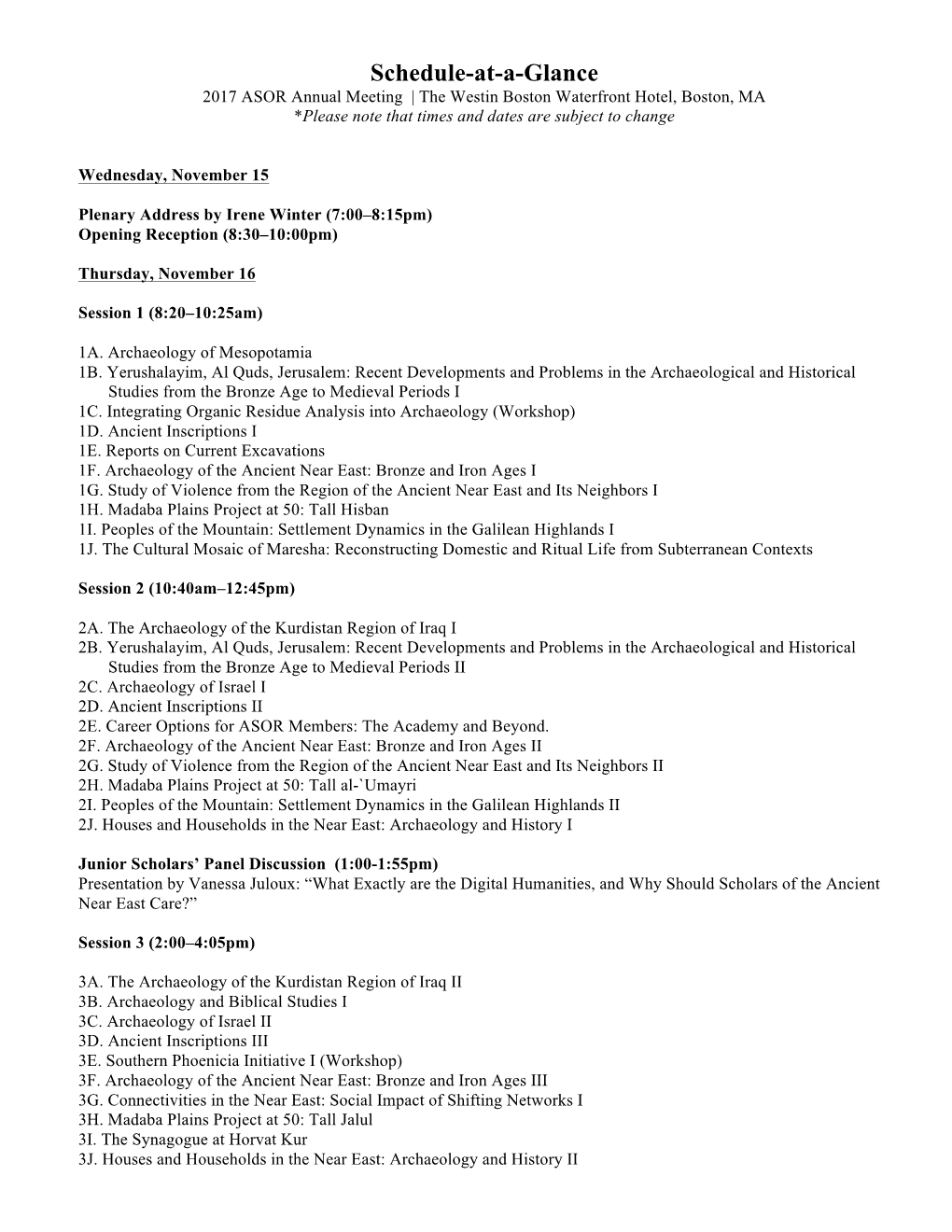 Schedule-At-A-Glance 2017 ASOR Annual Meeting | the Westin Boston Waterfront Hotel, Boston, MA *Please Note That Times and Dates Are Subject to Change