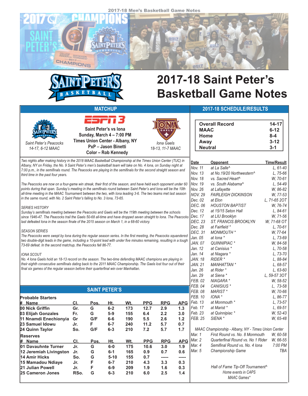 2017-18 Saint Peter's Basketball Game Notes