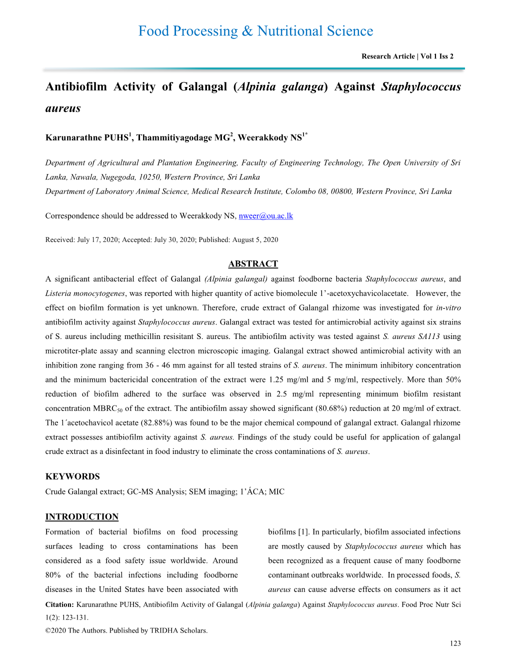 Antibiofilm Activity of Galangal (Alpinia Galanga) Against Staphylococcus Aureus