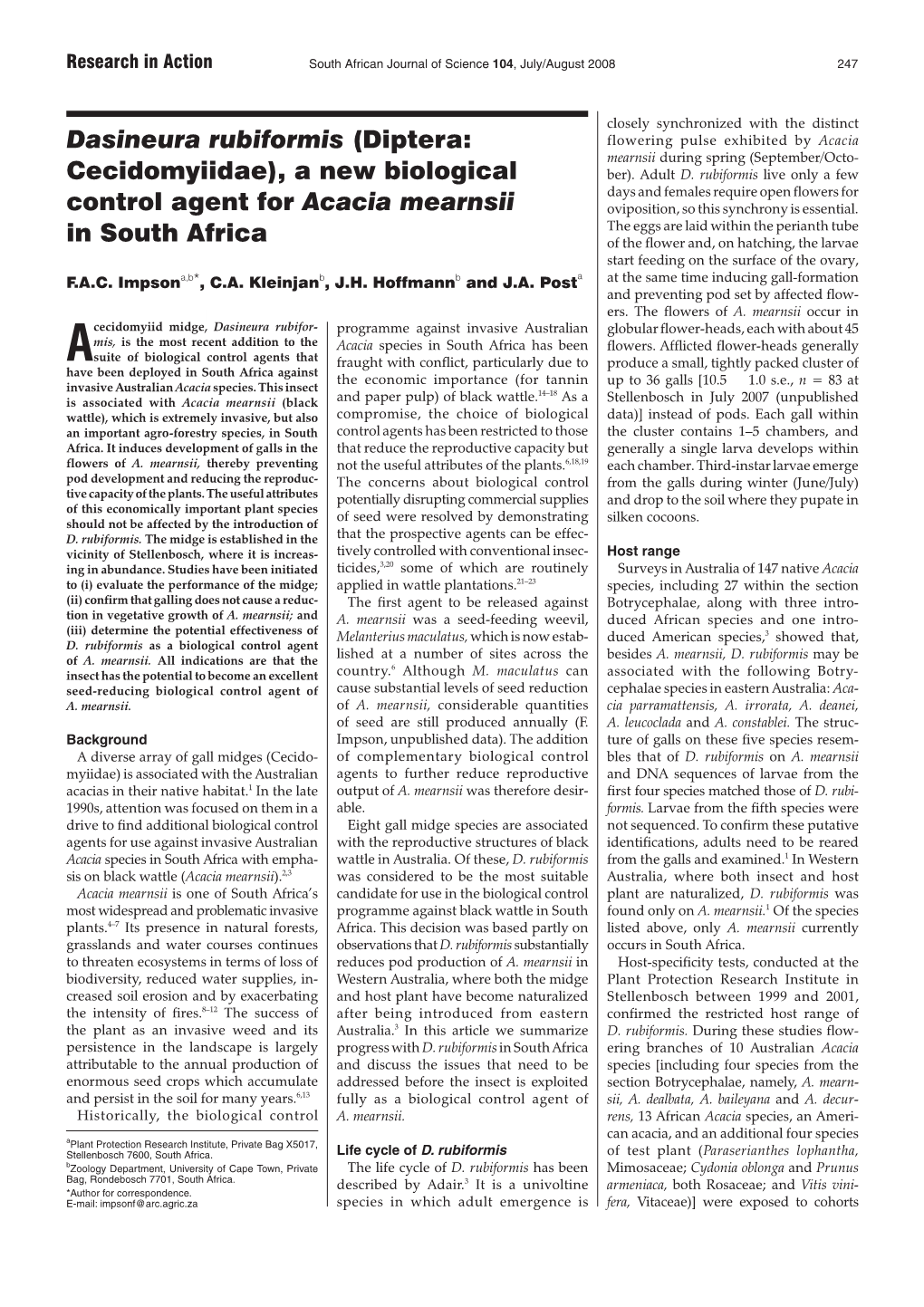 A New Biological Control Agent for Acacia Mearnsii in South Africa