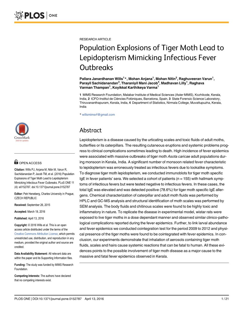 Population Explosions of Tiger Moth Lead to Lepidopterism Mimicking Infectious Fever Outbreaks