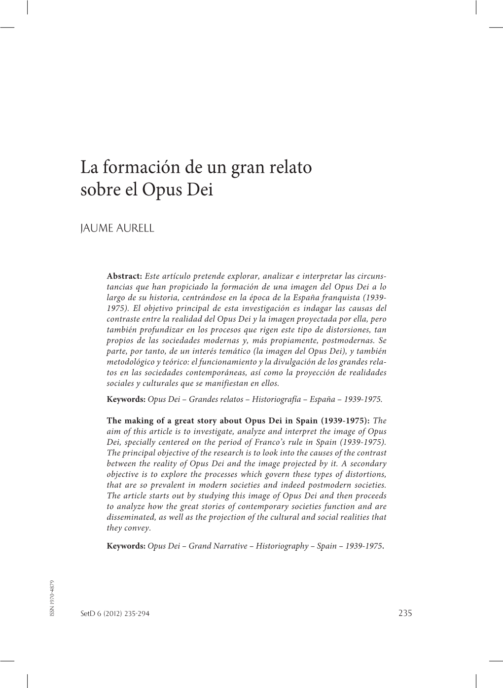La Formación De Un Gran Relato Sobre El Opus Dei Postmodernas