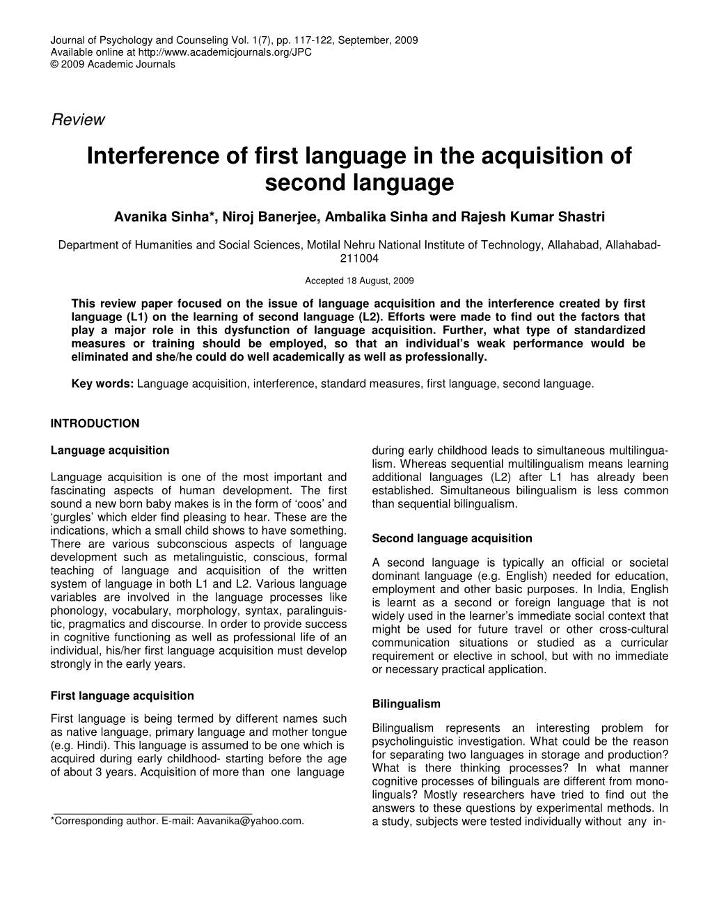 Interference of First Language in the Acquisition of Second Language