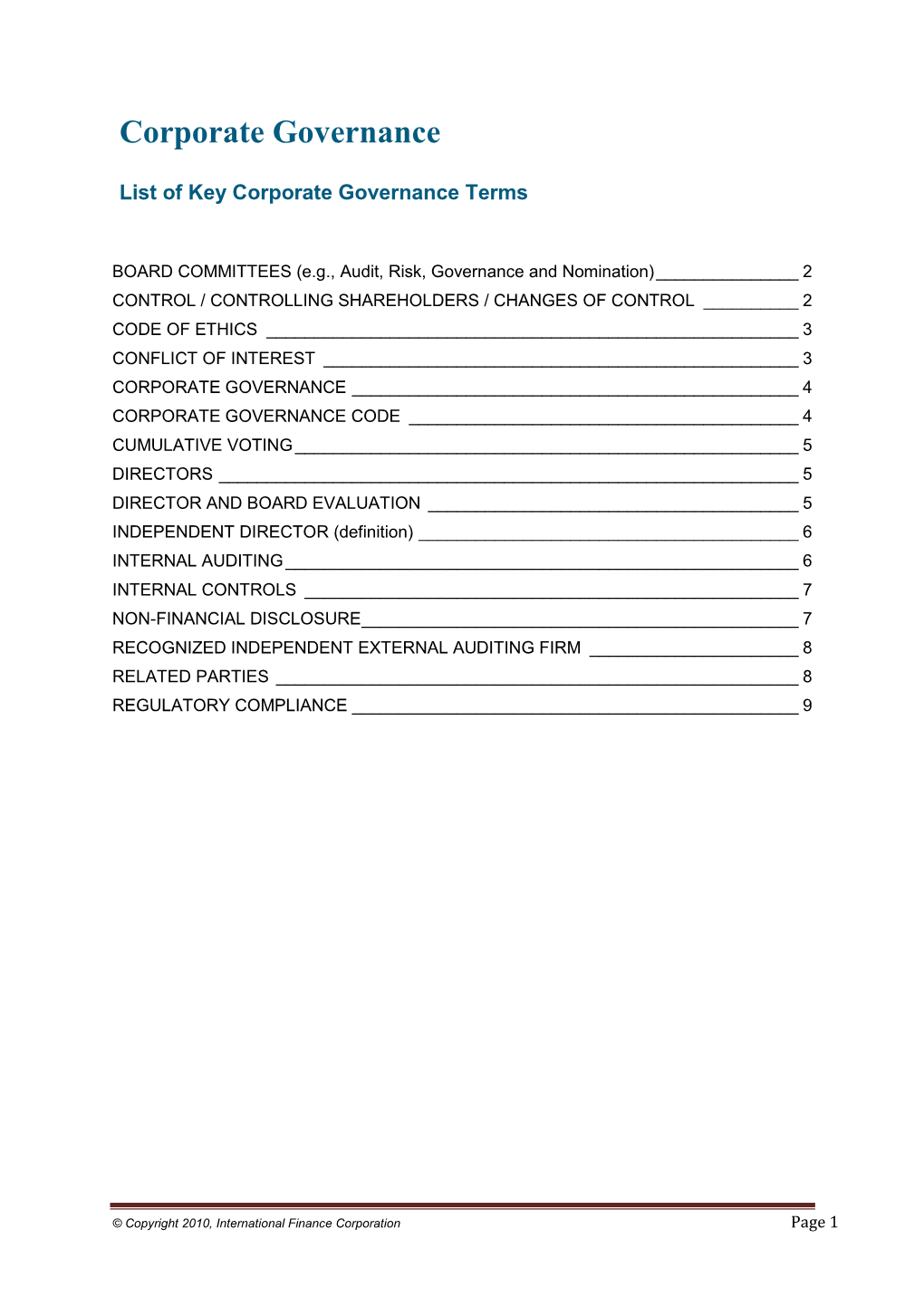 List of Key Corporate Governance Terms