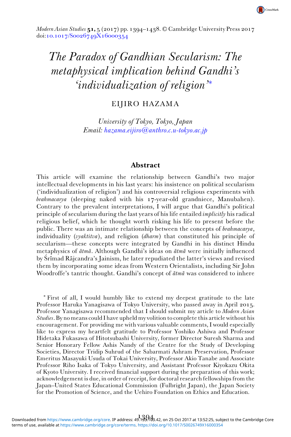 The Paradox of Gandhian Secularism: the Metaphysical Implication Behind Gandhi’S ‘Individualization of Religion’∗