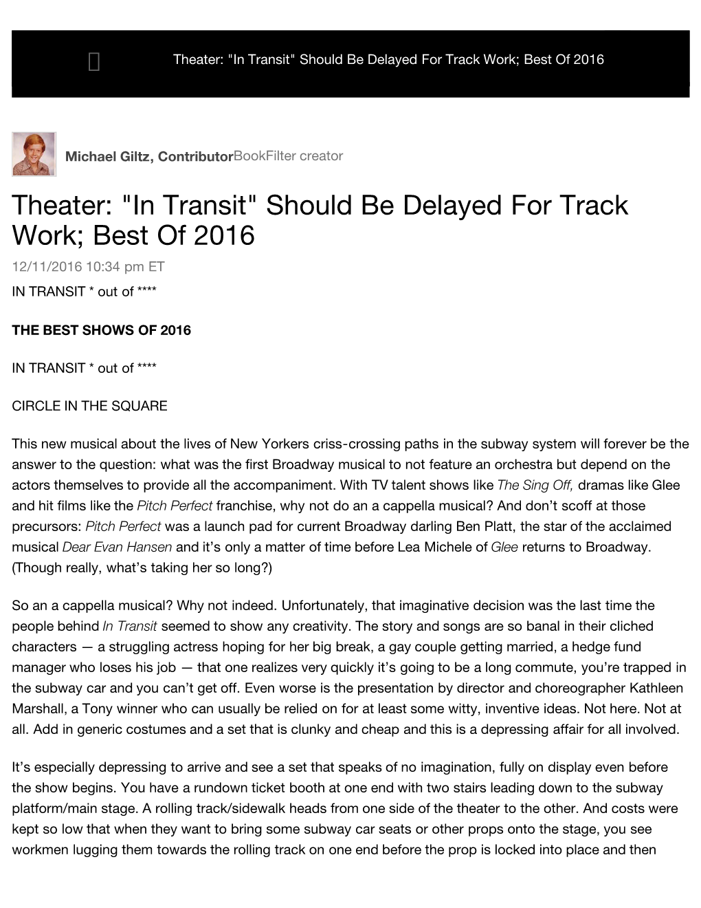 Theater: "In Transit" Should Be Delayed for Track Work; Best of 2016       US