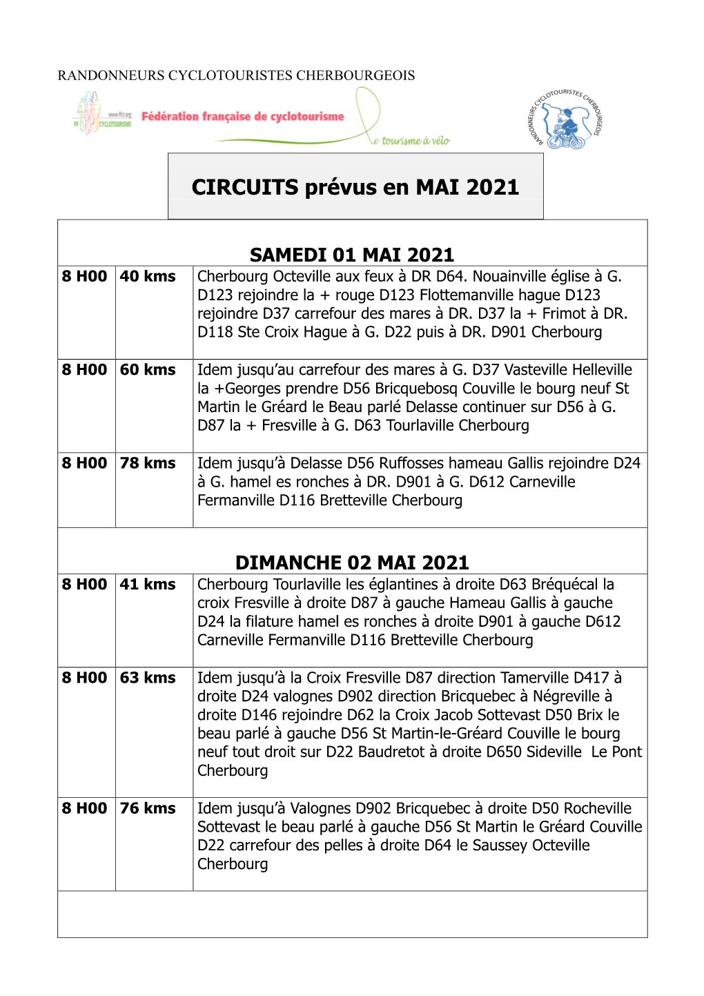 CIRCUITS Prévus En MAI 2021