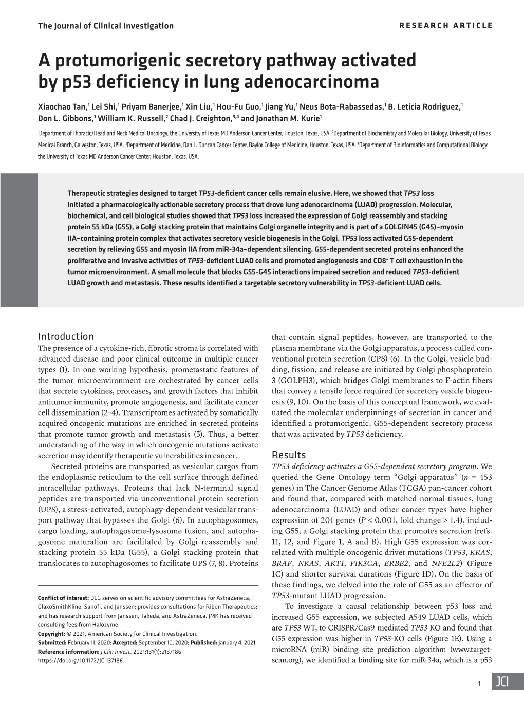 A Protumorigenic Secretory Pathway Activated by P53 Deficiency in Lung Adenocarcinoma