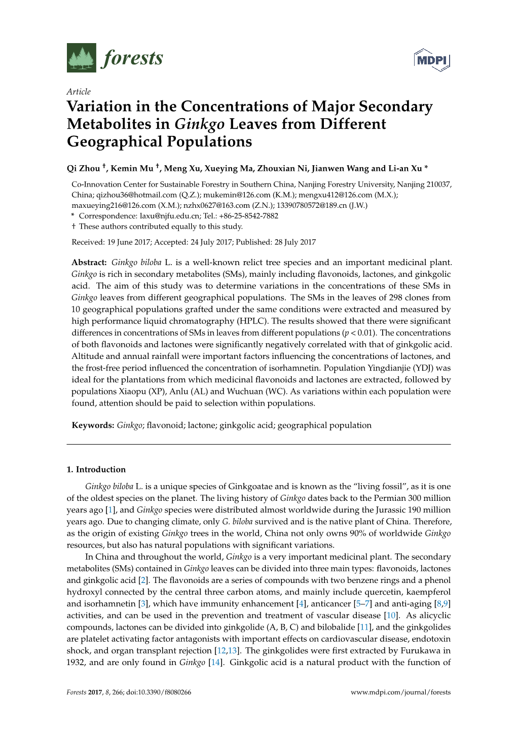 Variation in the Concentrations of Major Secondary Metabolites in Ginkgo Leaves from Different Geographical Populations