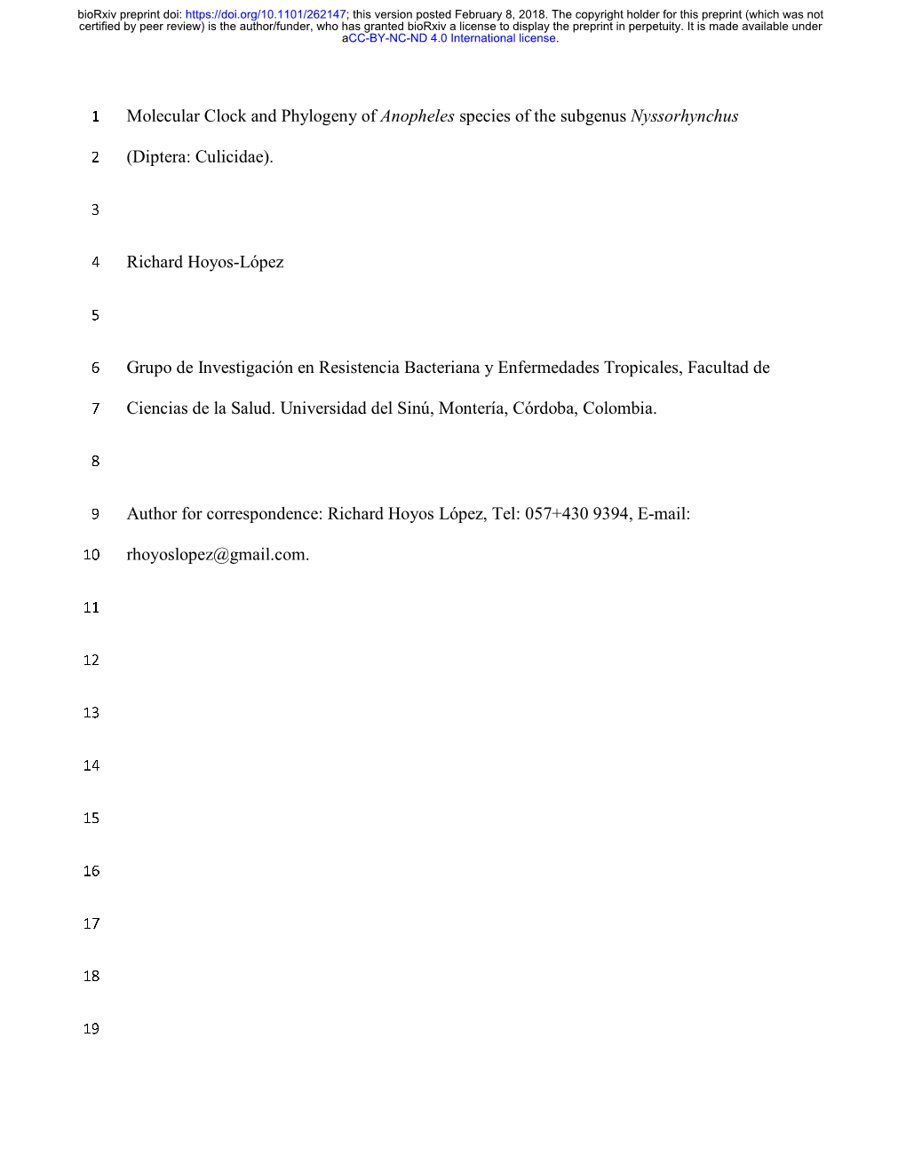 Molecular Clock and Phylogeny of Anopheles Species of the Subgenus Nyssorhynchus