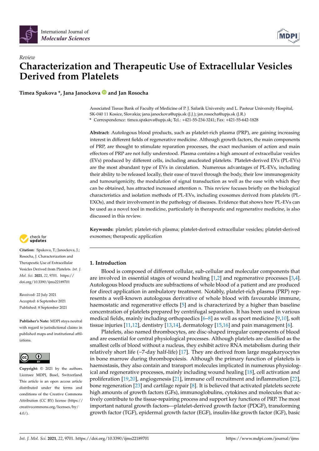 Characterization and Therapeutic Use of Extracellular Vesicles Derived from Platelets