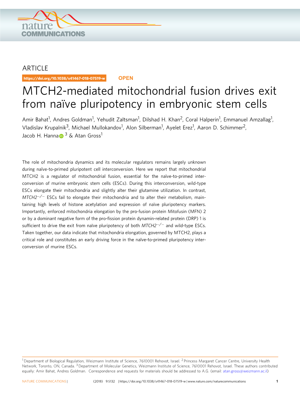 MTCH2-Mediated Mitochondrial Fusion Drives Exit from Naã¯Ve