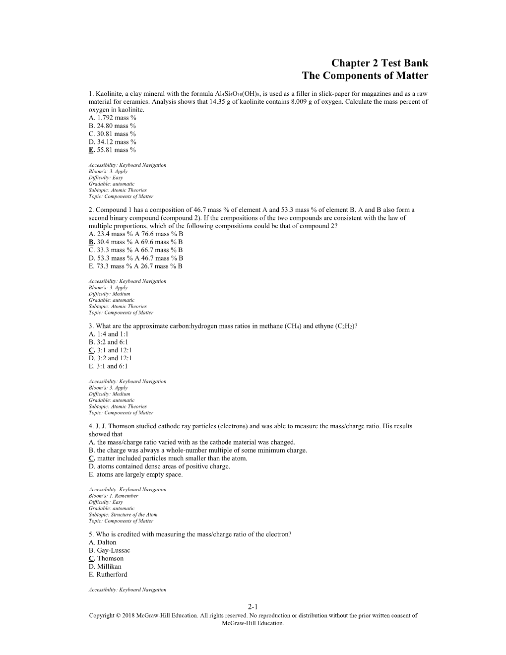 Chapter 2 Test Bank the Components of Matter