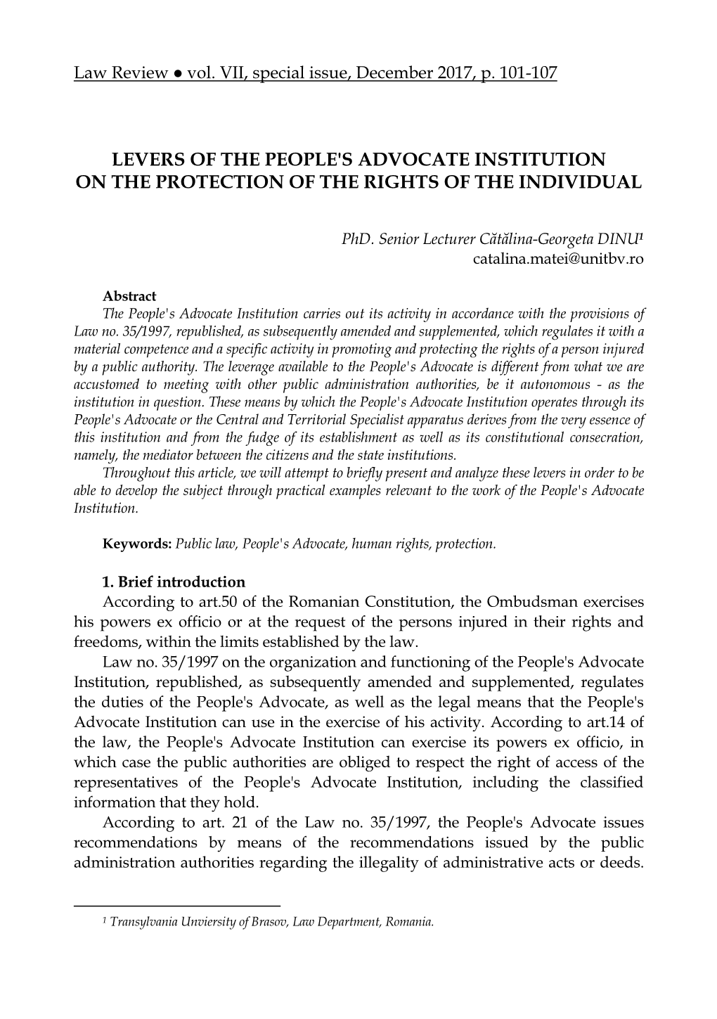 Levers of the People's Advocate Institution on the Protection of the Rights of the Individual