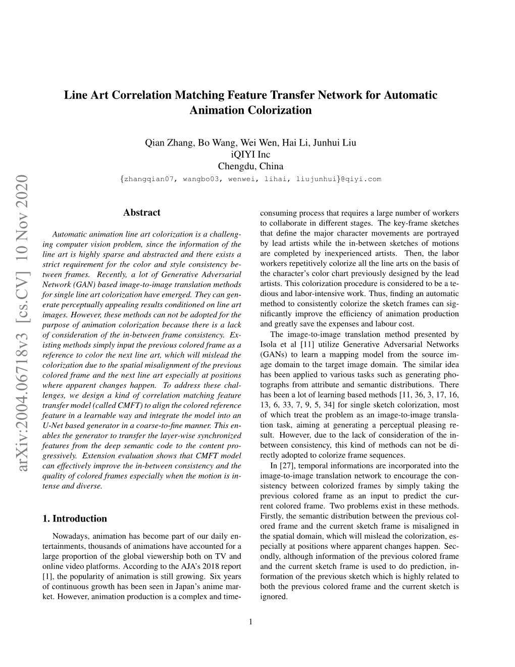 Line Art Correlation Matching Feature Transfer Network for Automatic Animation Colorization