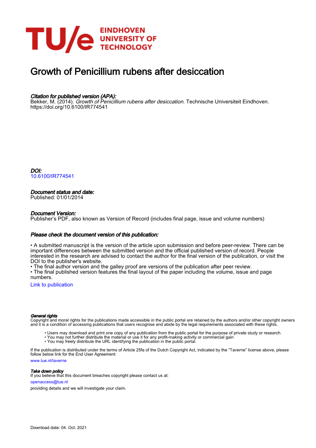 Growth of Penicillium Rubens After Desiccation