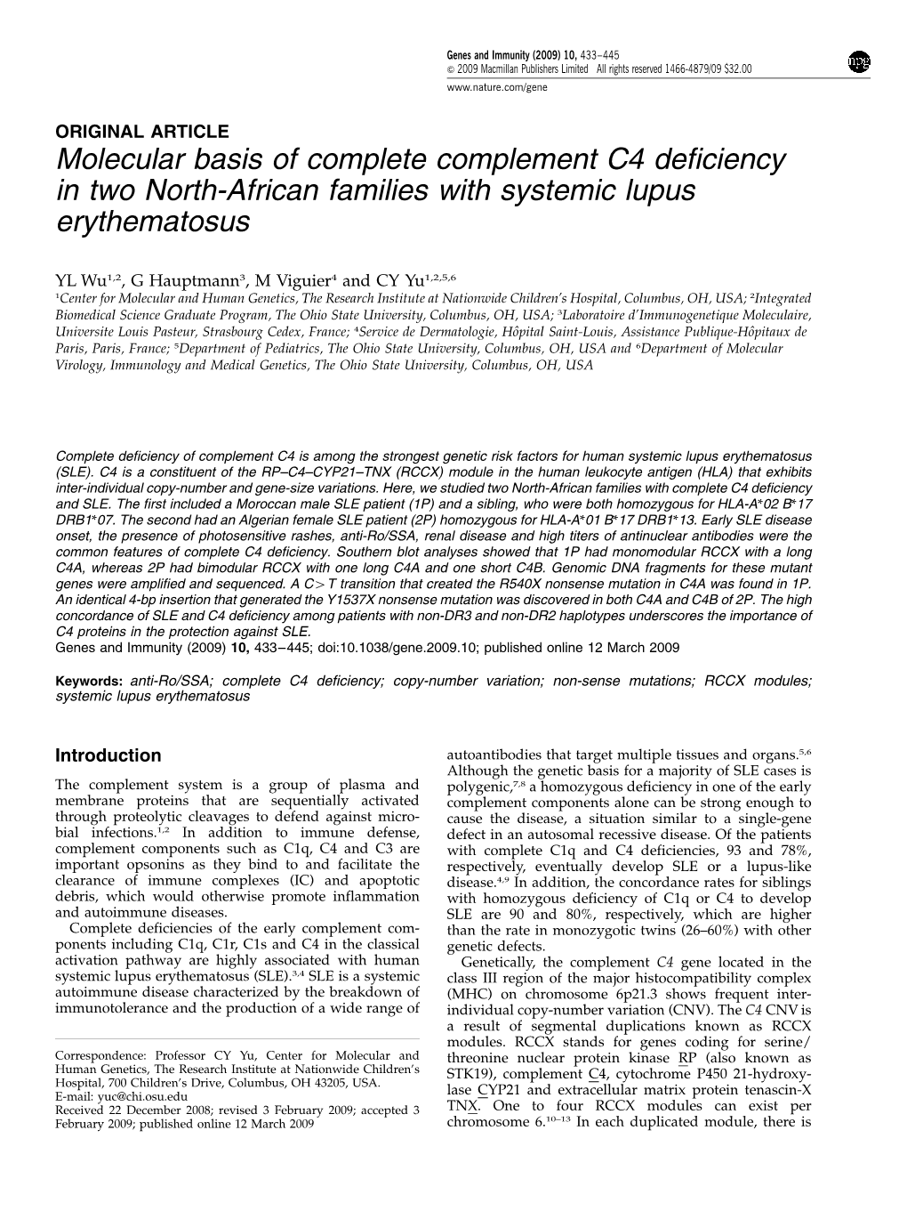 Molecular Basis of Complete Complement C4 Deficiency in Two North-African Families with Systemic Lupus Erythematosus