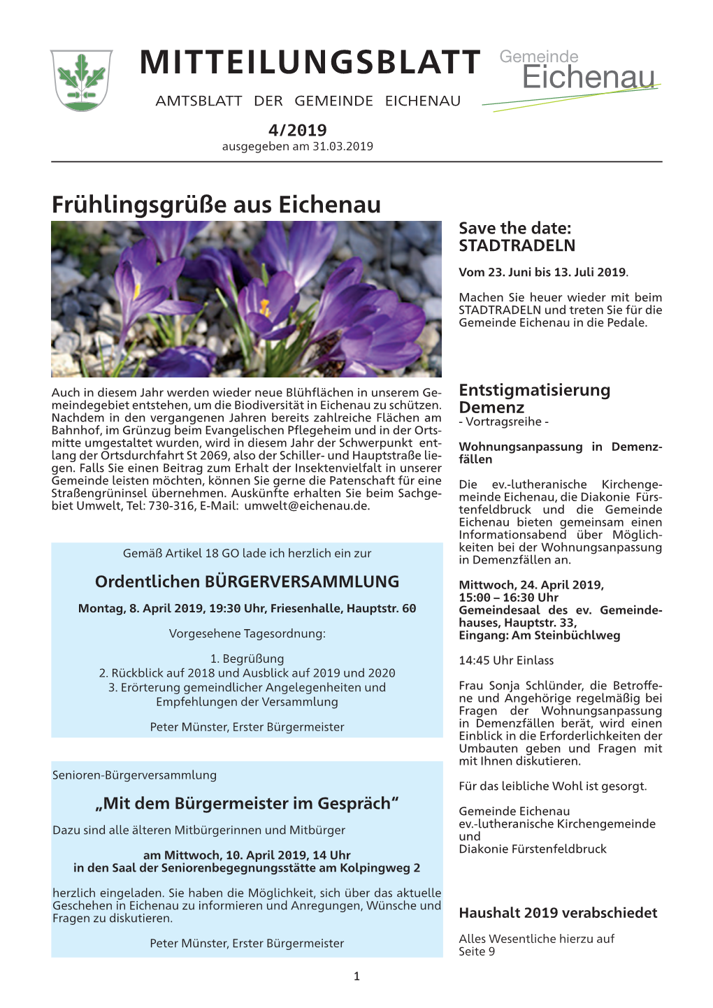 MITTEILUNGSBLATT AMTSBLATT DER GEMEINDE EICHENAU 4/2019 Ausgegeben Am 31.03.2019