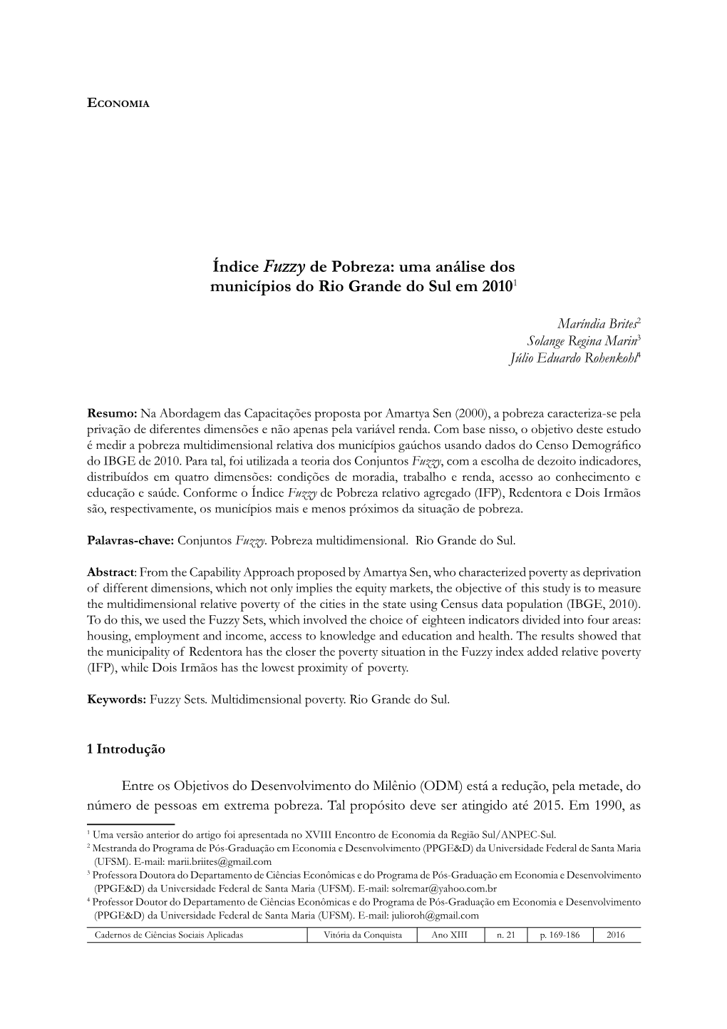 Índice Fuzzy De Pobreza: Uma Análise Dos Municípios Do Rio Grande Do Sul Em 20101