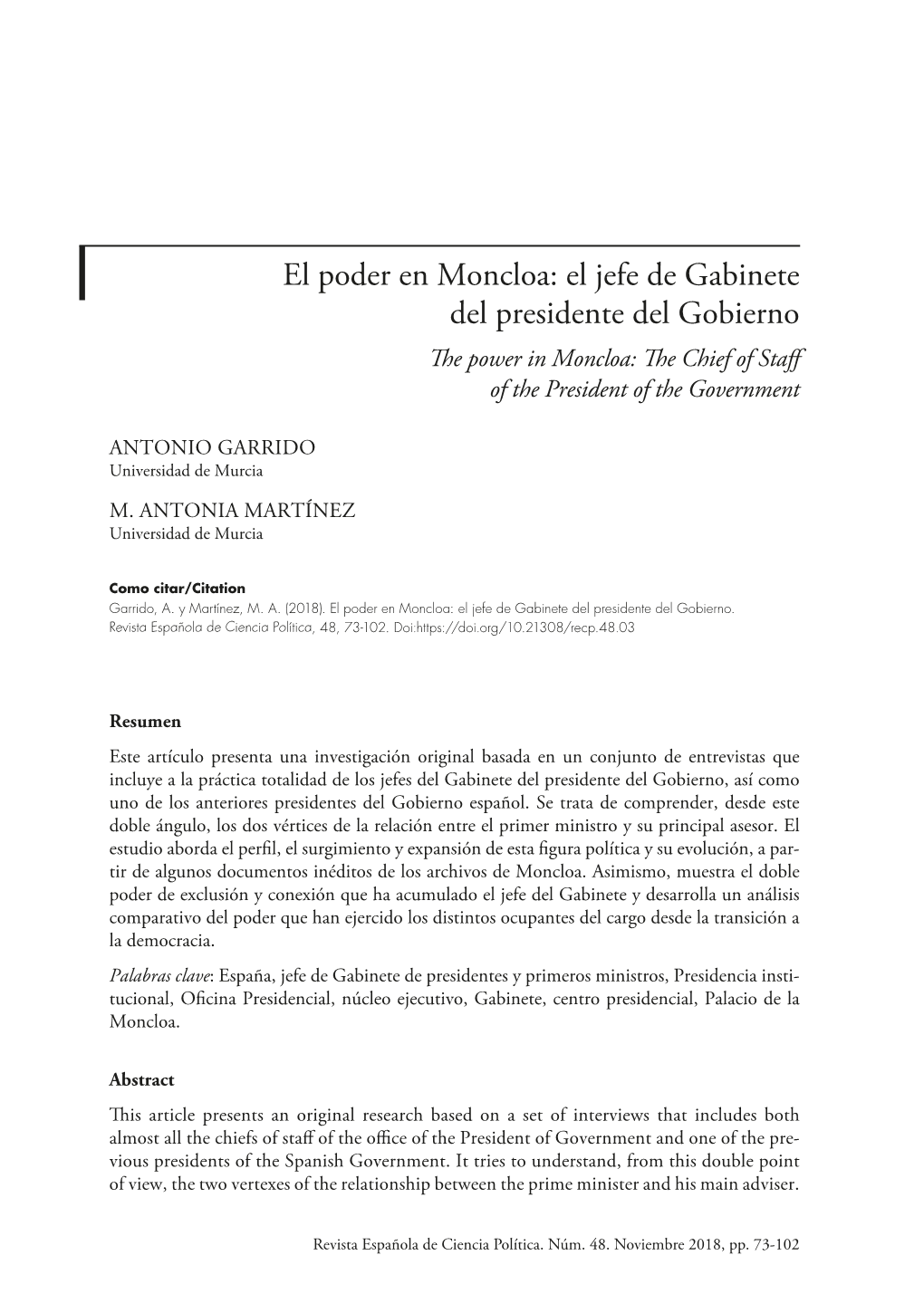 El Jefe De Gabinete Del Presidente Del Gobierno the Power in Moncloa: the Chief of Staff of the President of the Government