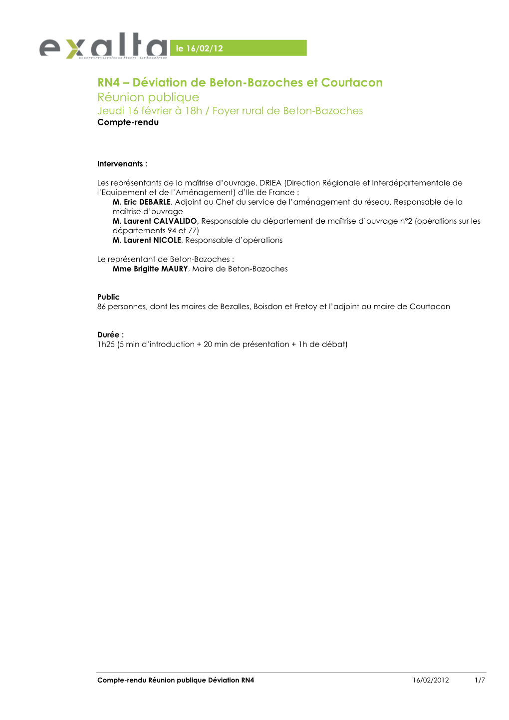 RN4 – Déviation De Beton-Bazoches Et Courtacon Réunion Publique Jeudi 16 Février À 18H / Foyer Rural De Beton-Bazoches Compte-Rendu