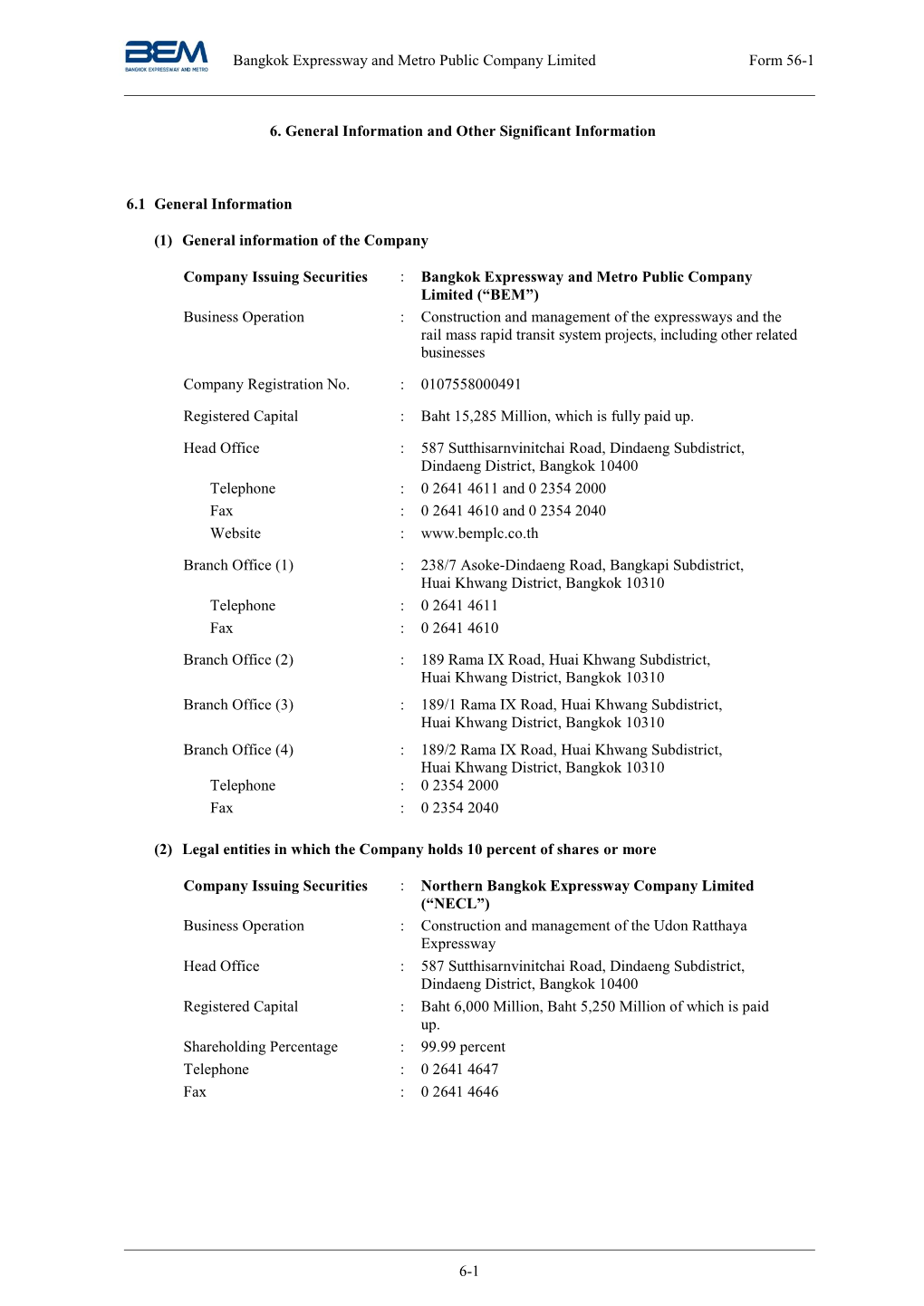 6-1 Bangkok Expressway and Metro Public Company Limited Form 56-1