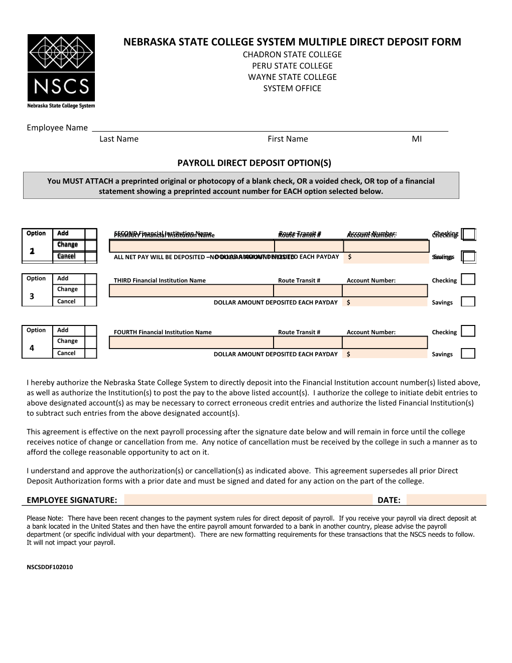 Nebraska State College System Multiple Direct Deposit Form