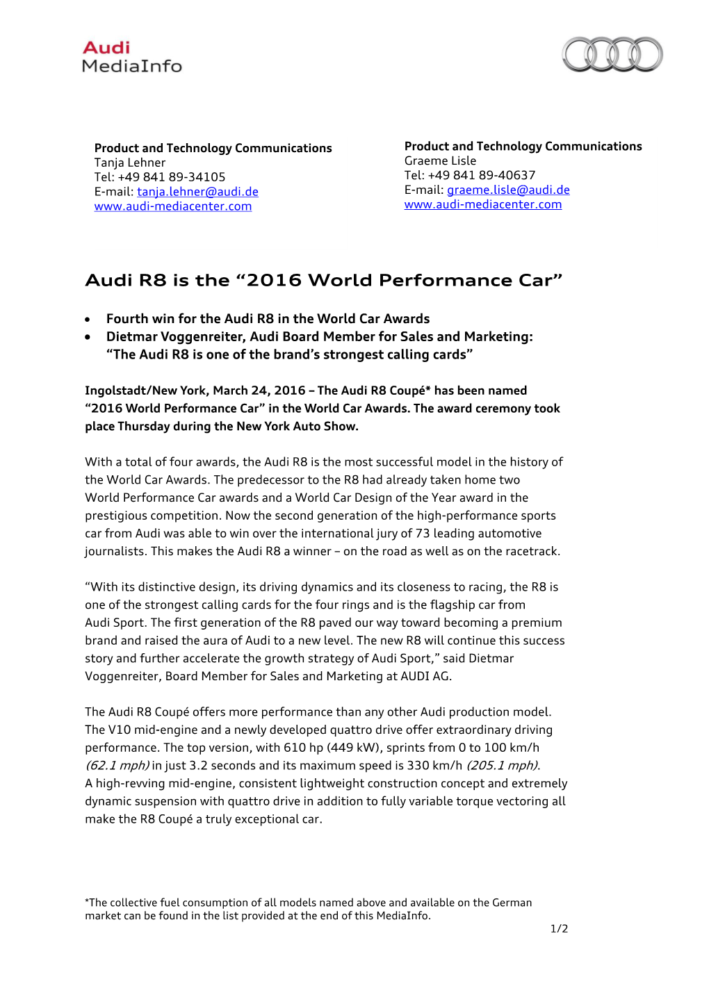 Audi R8 Is the “2016 World Performance Car”