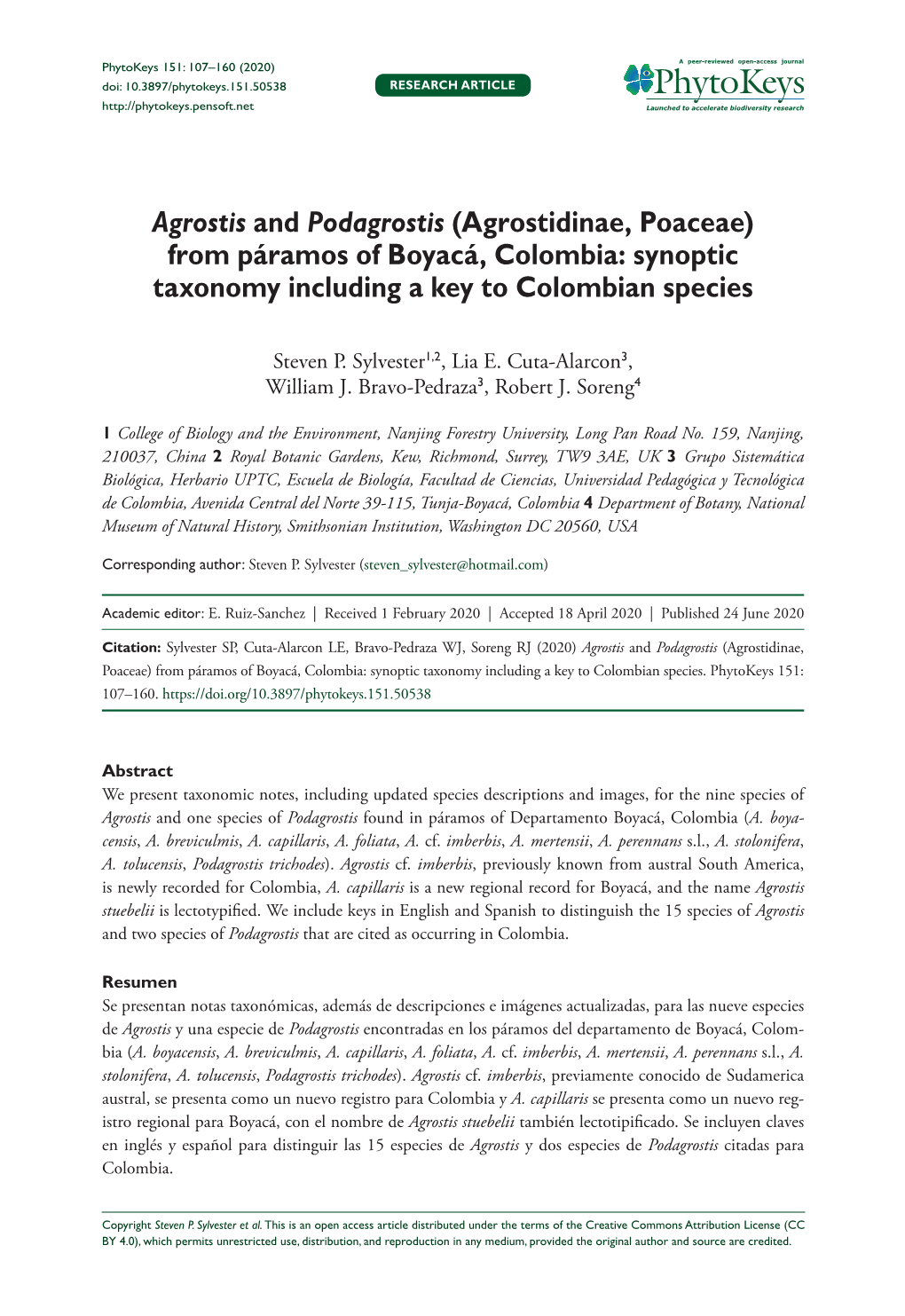 Agrostis and Podagrostis (Agrostidinae, Poaceae) from Páramos of Boyacá, Colombia: Synoptic Taxonomy Including a Key to Colombian Species