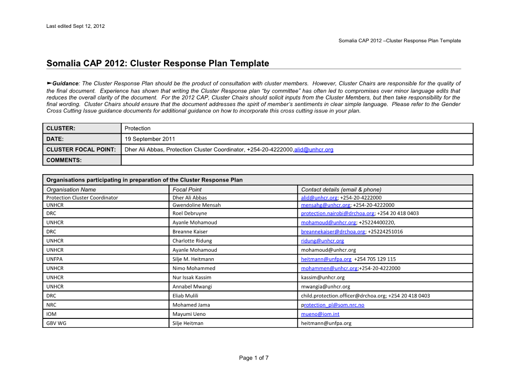 Somalia CAP 2012: Cluster Response Plan Template